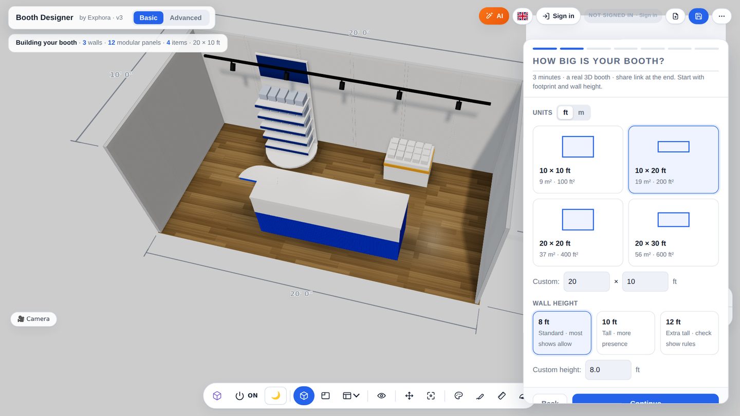 BoothDesign: choosing the booth size next to a live 3D booth